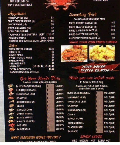 The Juicy Crab menu with seafood combos, crab legs, shrimp, crawfish, and sides