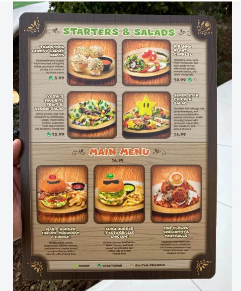 Toadstool Cafe menu at Universal Studios Hollywood with Mario-themed food and drinks