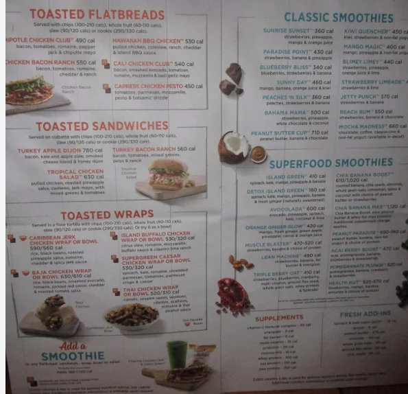 Tropical Smoothie Cafe menu with smoothies, bowls, wraps and breakfast items
