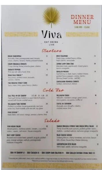 Viva South Padre Island menu with seafood tacos and waterfront dining