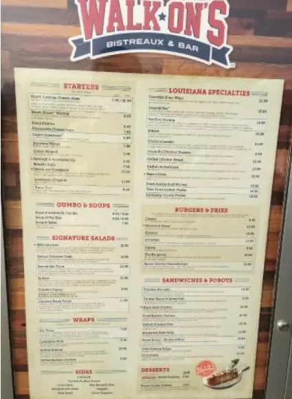 Walk-On’s Sports Bistreaux menu with burgers, seafood, Cajun dishes and desserts