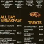 Black Rifle Coffee menu with specialty coffee drinks, breakfast sandwiches, and bakery treats