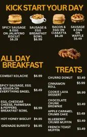 Black Rifle Coffee menu with specialty coffee drinks, breakfast sandwiches, and bakery treats