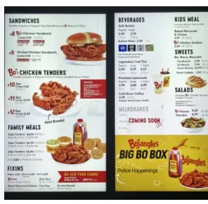 Bojangles menu featuring Southern-style fried chicken, buttermilk biscuits, seasoned fries, and popular meal options.
