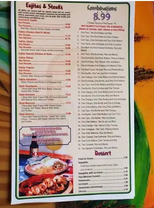 El Tapatio menu with Mexican food options and prices in the USA