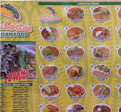 Filiberto’s menu with prices USA 2026 featuring burritos, tacos, carne asada fries, breakfast burritos, and Mexican food favorites