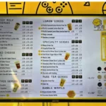 Happy Lemon menu with milk tea, fruit tea, smoothies and bubble waffles