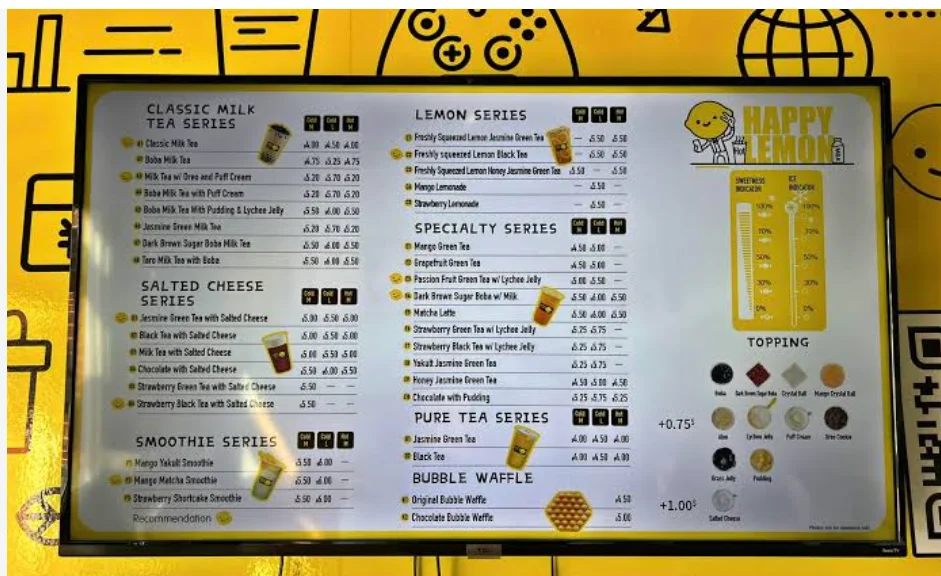 Happy Lemon menu with milk tea, fruit tea, smoothies and bubble waffles