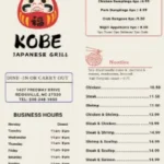 Kobe Japanese Grill menu with hibachi steak, shrimp, fried rice, grilled vegetables, and sushi options