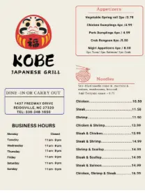Kobe Japanese Grill menu with hibachi steak, shrimp, fried rice, grilled vegetables, and sushi options