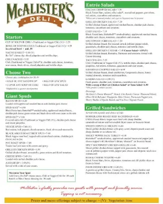 McAlister’s Deli menu with sandwiches, giant baked potatoes, fresh salads, soups, and Famous Sweet Tea