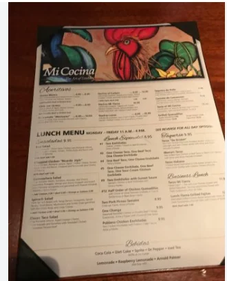 Mi Cocina menu with popular Tex-Mex dishes and menu prices