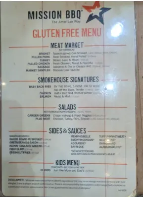 MISSION BBQ menu with smoked brisket, baby back ribs, barbecue sandwiches, classic sides, and menu prices in the USA.