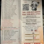 Panda Garden menu with prices featuring Chinese chicken dishes, beef entrées, fried rice, noodles, and family meals