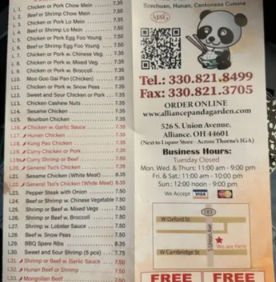 Panda Garden menu with prices featuring Chinese chicken dishes, beef entrées, fried rice, noodles, and family meals
