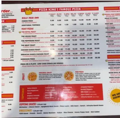 Pizza King menu with specialty pizzas, wings, sides, and drinks