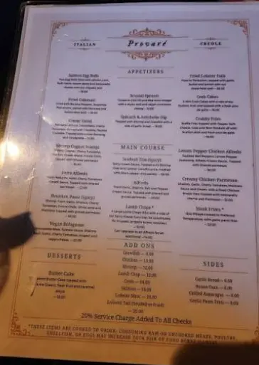Provaré Chicago menu with prices featuring Italian Creole pasta, seafood, steak, and signature dishes