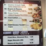 Rice Bowl menu featuring Chinese-American appetizers, fried rice, noodles, chicken entrées, seafood, and vegetable dishes.