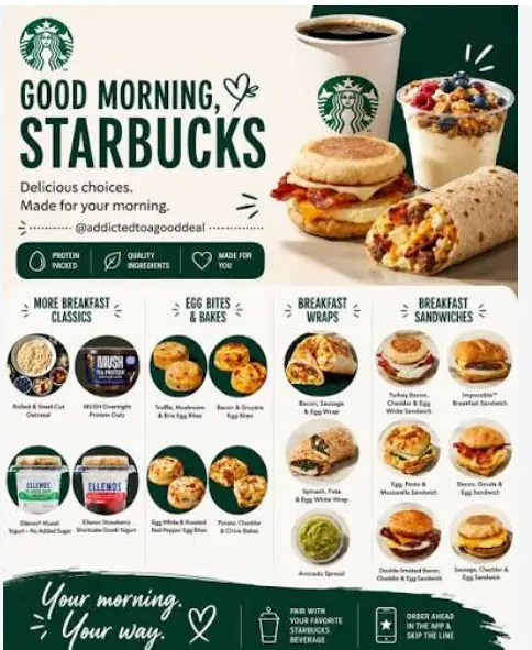 Starbucks Breakfast Menu Prices 2026 with breakfast sandwiches, wraps and egg bites