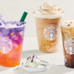 Starbucks protein beverages menu with vanilla lattes, caramel coffee, and matcha drinks
