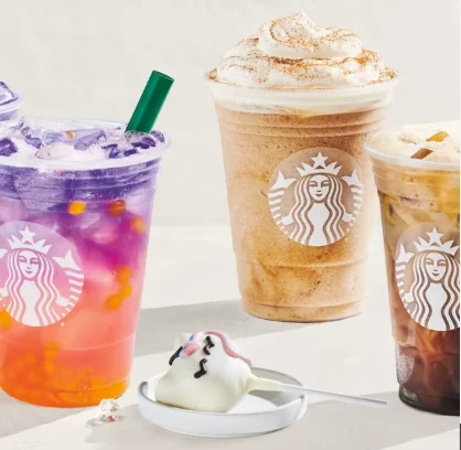 Starbucks protein beverages menu with vanilla lattes, caramel coffee, and matcha drinks