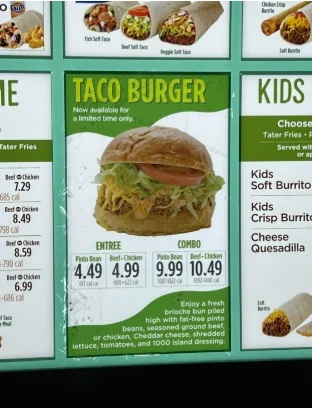 Taco Time menu featuring crisp tacos, burritos, Mexi-Fries, and combo meals