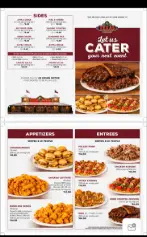 Texas Roadhouse catering menu featuring steak, ribs, chicken, sides, and family meal options