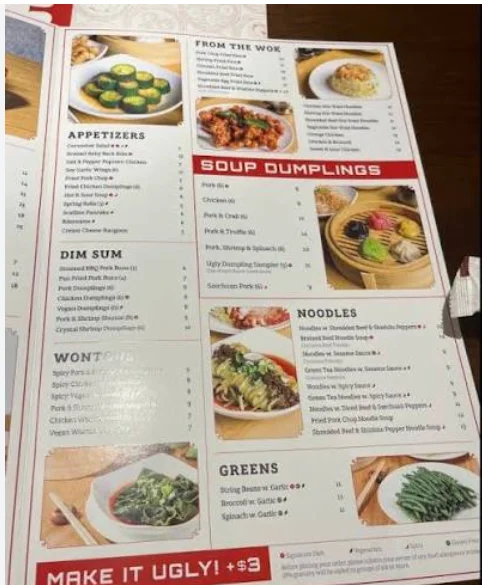 Ugly Dumpling menu with Xiao Long Bao soup dumplings, dim sum, noodles and bubble tea