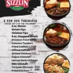 Western Sizzlin menu featuring steak dinners, chicken, seafood, burgers, and buffet options