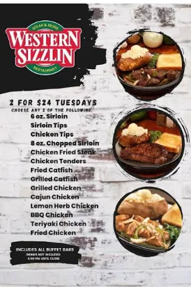 Western Sizzlin menu featuring steak dinners, chicken, seafood, burgers, and buffet options