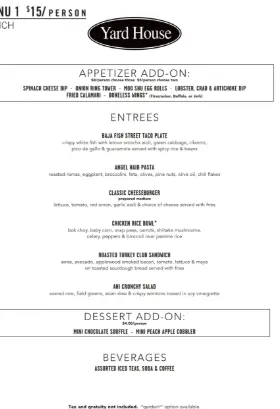 Yard House menu with prices featuring starters, appetizers, nachos, wings, and shareable snacks